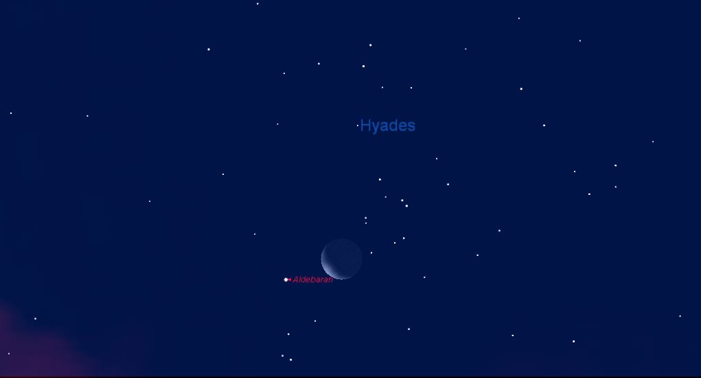Moon 'Snuggles Up' to the Hyades (and Hides Aldebaran) Friday Morning